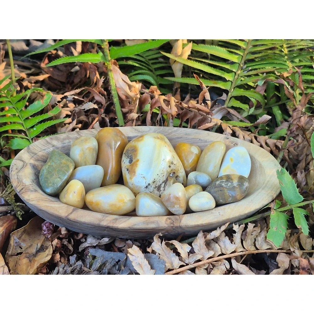 Handcrafted Rustic Olive Wood Oval Bowl w/ PNW Carnelian Agates & Yellow Jasper